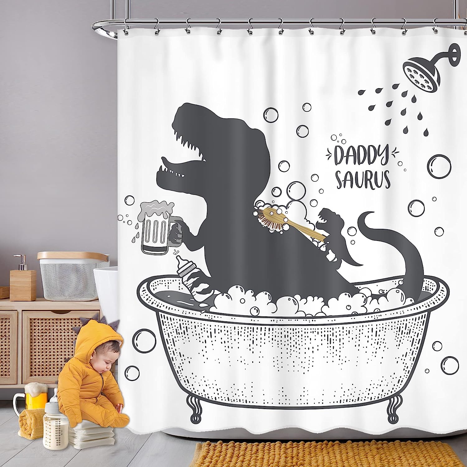 SPXUBZ Funny Dinosaur Shower Curtain 72Wx72H Inch Kids Bathtub Bubble