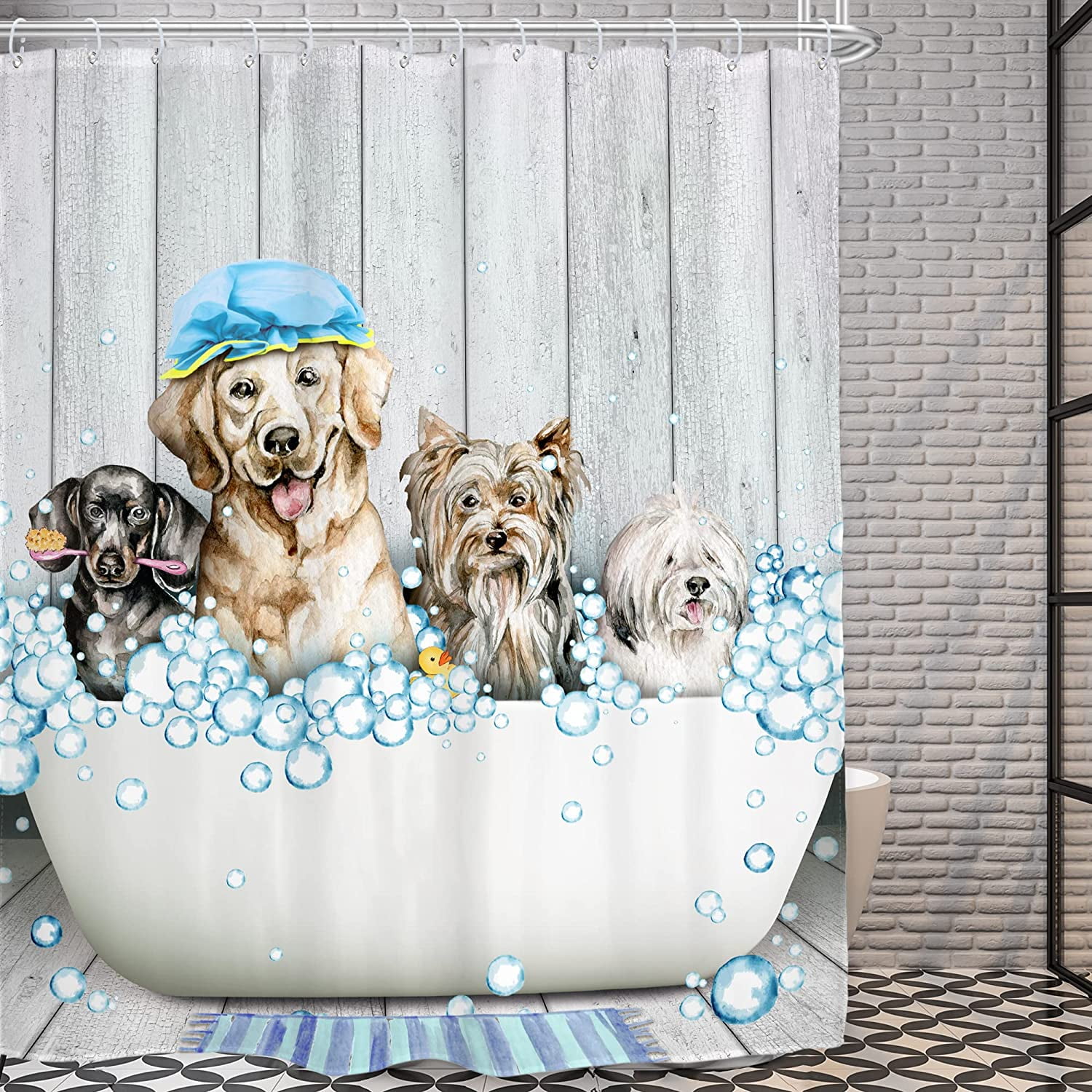 Teamery Shower Curtain Set, Cute Dog Shower Curtain