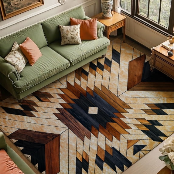 SPXUBZ Geometric Wood Pattern Velvet Area Rug, Modern Abstract Rectangle Floor Carpet, Soft Plush Non Slip Rug for Living Room Bedroom 47.2"×31.5"