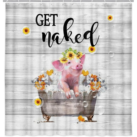 SPXUBZ Get Naked Fabric Shower Curtain, Farmhouse Pig Shower Curtain for Bathroom, Funny Pig Taking a Bath Shower Curtain with Hooks 72X72 Inch