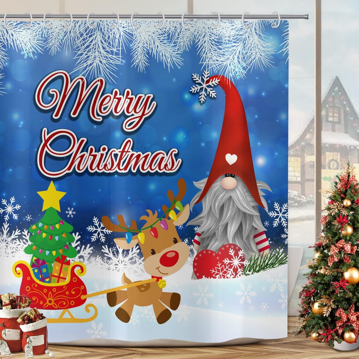 SPXUBZ Gnome Christmas Shower Curtain Happy Christmas Shower Curtains