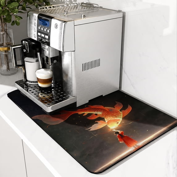 SPXUBZ Goldfish Coffee Mat, Super Absorbent Coffee Maker Mat, Kitchen Counter Drying Mat, Coffee Station Pad, Non Slip Countertop Protector, Quick Dry Dish Drying Mat