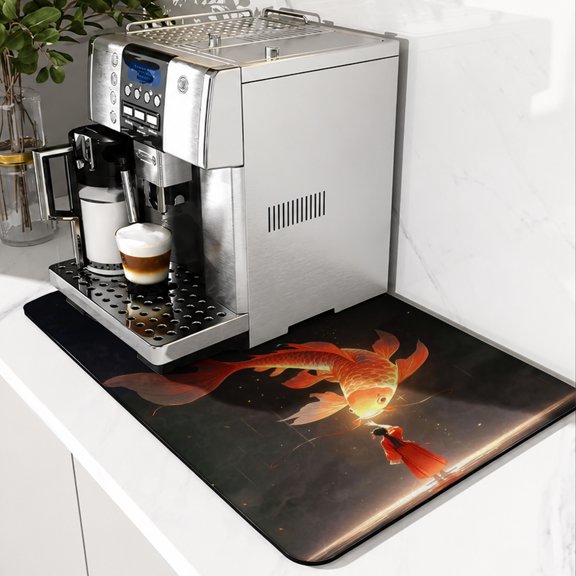 SPXUBZ Goldfish Coffee Mat, Super Absorbent Coffee Maker Mat, Kitchen Counter Drying Mat, Coffee Station Pad, Non Slip Countertop Protector, Quick Dry Dish Drying Mat