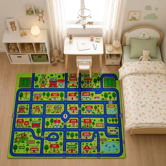 SPXUBZ Green City Grid Street Pattern for son and daughter Play Rug, Soft Velvet City Road Map Area Rug for Playroom Bedroom, Educational Toy Car Track Floor Mat