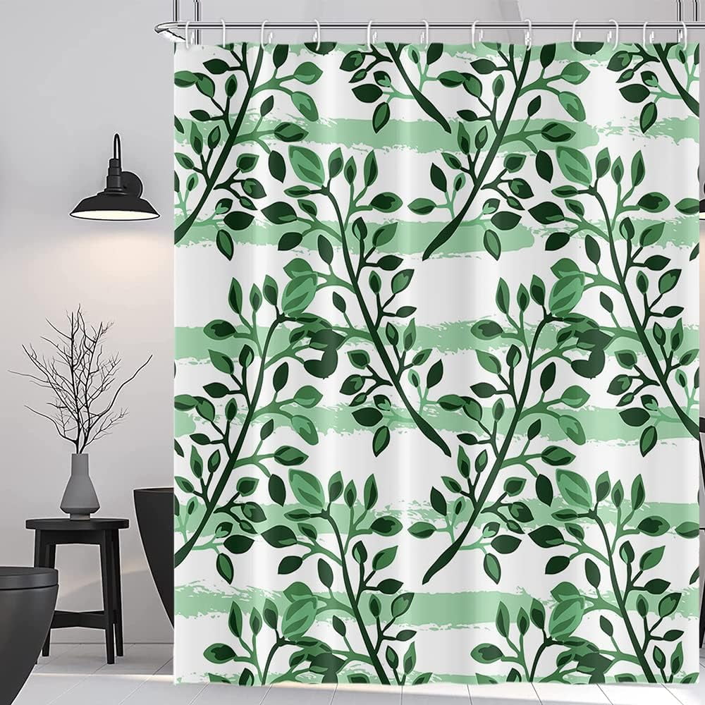 SPXUBZ Green Leaf Shower Curtain Set with Hooks Watercolor Branches