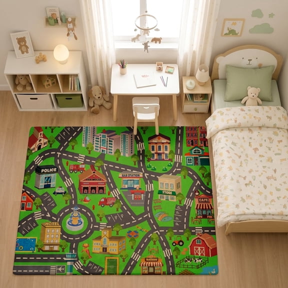 SPXUBZ Green Park Pathways Traffic Roads for son and daughter Play Rug, Soft Velvet City Road Map Area Rug for Playroom Bedroom, Educational Toy Car Track Floor Mat