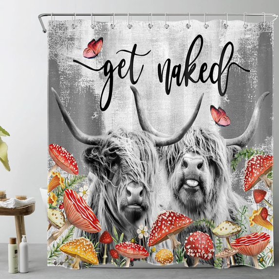 SPXUBZ Grey Highland Cow Shower Curtain Red Mushroom with Butterfly Shower Curtain Black Get Naked Farmhouse Bathroom Shower Curtain Sets with Hooks Long Waterproof Washable Fabric,72X72 inch