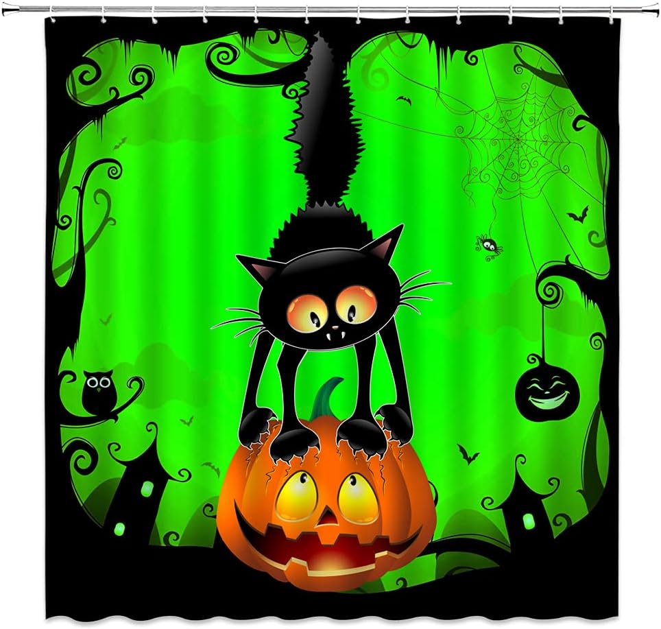 SPXUBZ Halloween Black Cat Shower Curtain Spooky Black Cat Pumpkin