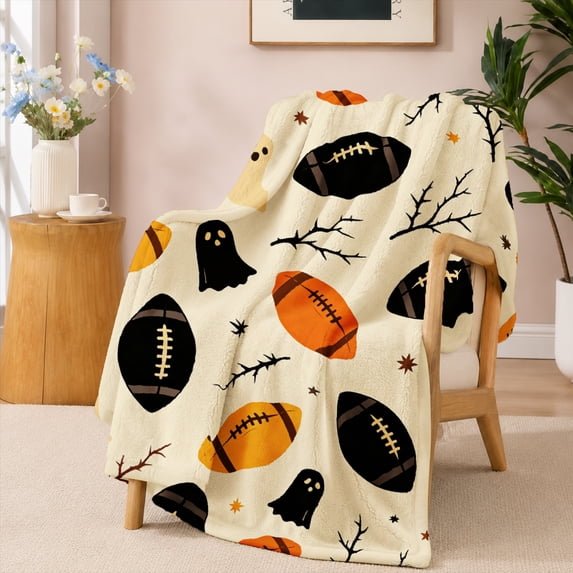 SPXUBZ Halloween Football Ghosts Black Pattern Flannel Throw Blanket Soft Warm Cozy Fleece Blanket for Autumn Holiday Couch Decor