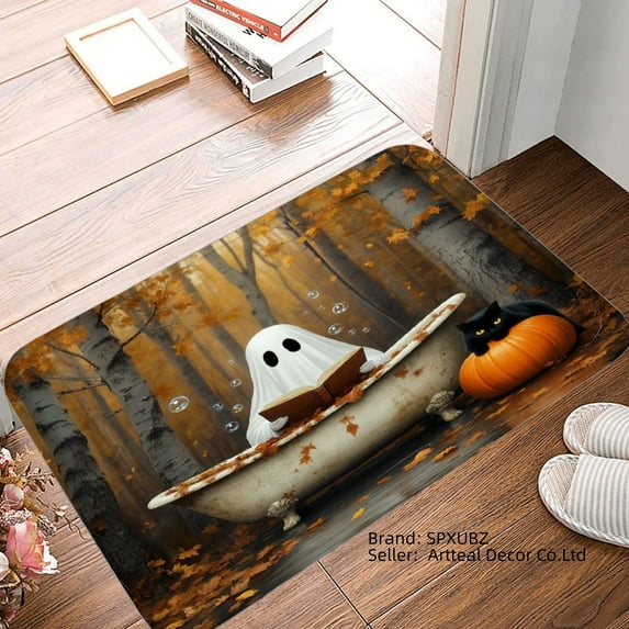 SPXUBZ Halloween Ghost Pumpkin Forest Non Slip Flannel Floor Mat for Bathroom Kitchen Bedroom Decor 16x24 inch