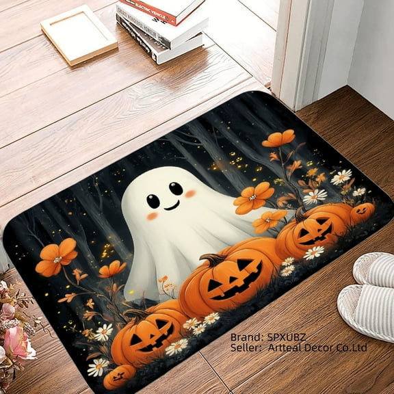 SPXUBZ Halloween Ghost Pumpkin Non Slip Flannel Floor Mat for Bathroom Kitchen Bedroom Decor 16x24 inch