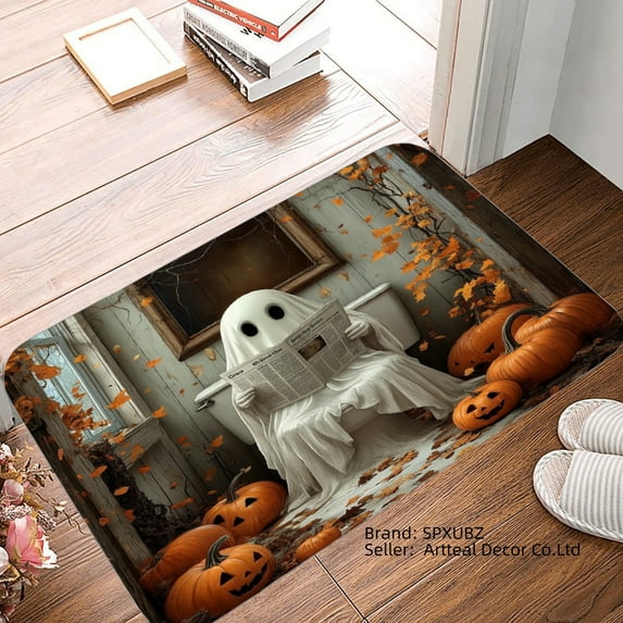 SPXUBZ Halloween Ghost Reading Newspaper Non Slip Flannel Floor Mat for Bathroom Kitchen Bedroom Decor 16x24 inch