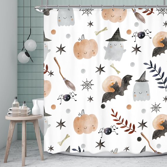 SPXUBZ Halloween Kids Shower Curtain 72Wx72L Inch Cute Cartoon Ghost Pumpkin Shower Curtain Bathroom Set Bat Spider Web Wizard Hat Funny Stars Leaves Bath Curtain Bathtub Accessories
