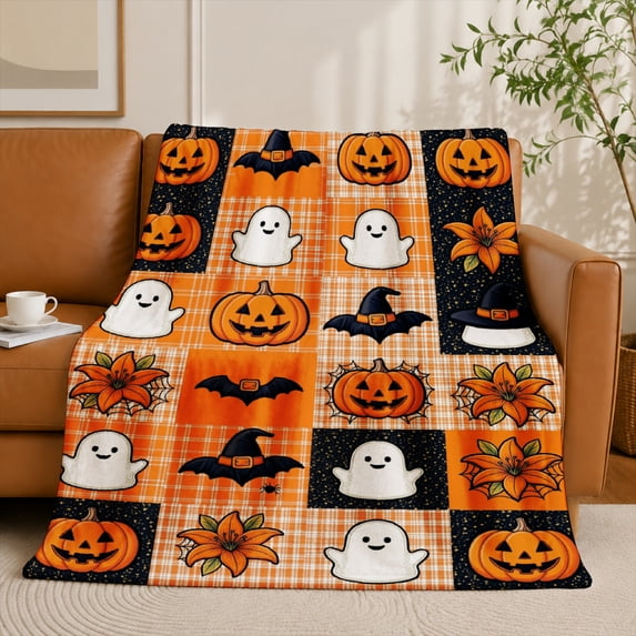 SPXUBZ Halloween Pumpkin Black Cat Ghost Pattern Flannel Throw Blanket Soft Warm Fleece Blanket for Holiday Season Couch Decor