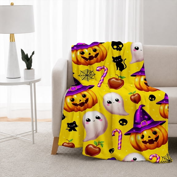 SPXUBZ Halloween Pumpkin Ghosts Witch Hats Pattern Flannel Throw Blanket Soft Warm Cozy Fleece Blanket for Holiday Season Decor