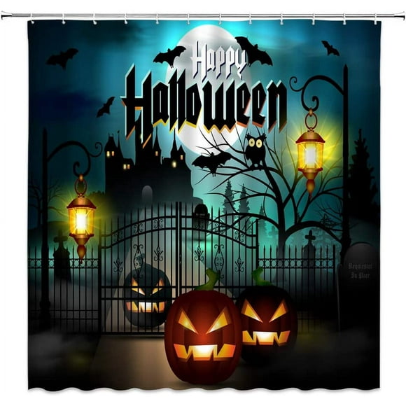 SPXUBZ Halloween Shower Curtain Abstract Pumpkin Ghost Castle Dead Tree Bat Owl Night Full Moon Cross Tomb Wizard Witch Weird Gothic Happy Halloween Decor Fabric Bathroom Curtain with Hook