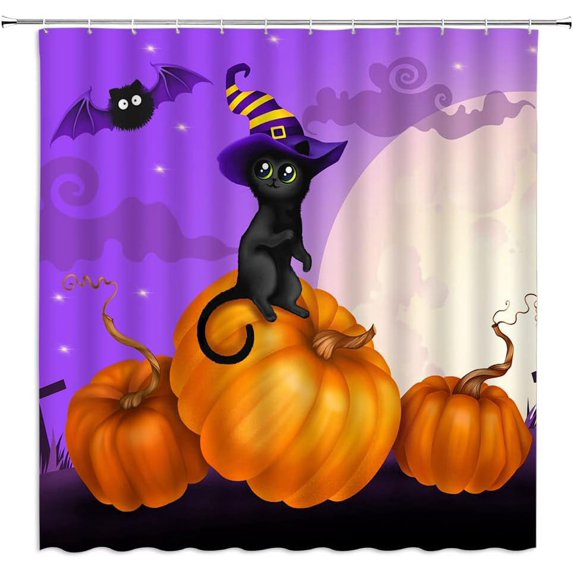 SPXUBZ Halloween Shower Curtain Cute Black Cat Witch Hat Pumpkin Bat Horror Night Graveyard Funny Holiday Fabric Bathroom Decor Sets with Hooks