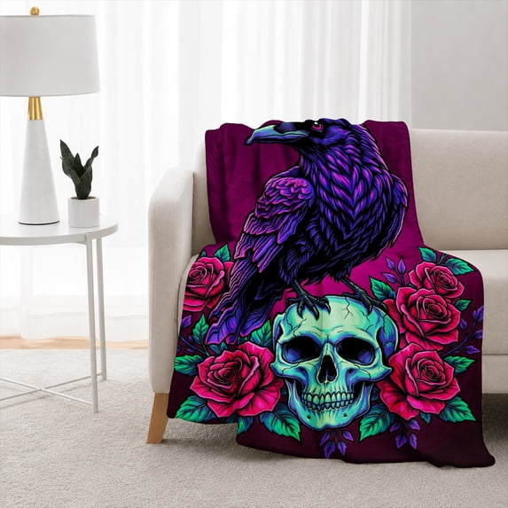 SPXUBZ Halloween Skull Pattern Flannel Blanket Soft Plush Throw Blanket Gothic Style Cozy Warm Blanket for Bedroom Couch 50"x40"