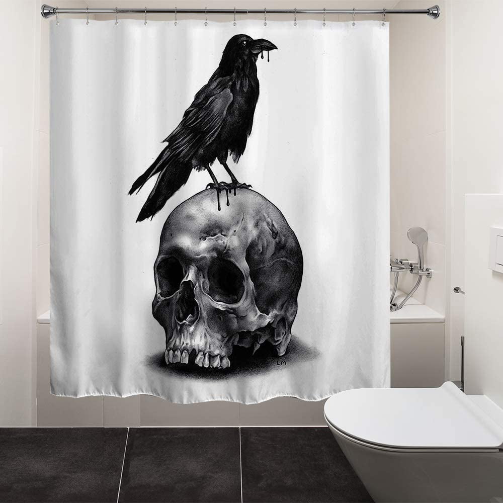 SPXUBZ Halloween Skull Raven Shower Curtain with Hooks, Horror Scary