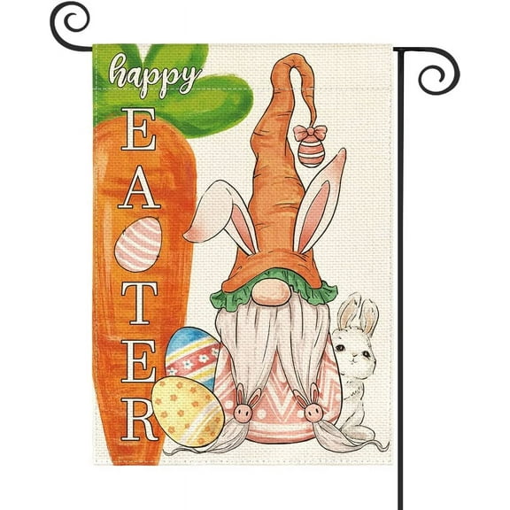 SPXUBZ Happy Easter Carrot Garden Flag Double Sided, Gnome Rabbit Easter Eggs Yard Outdoor Flag 12x18 Inch