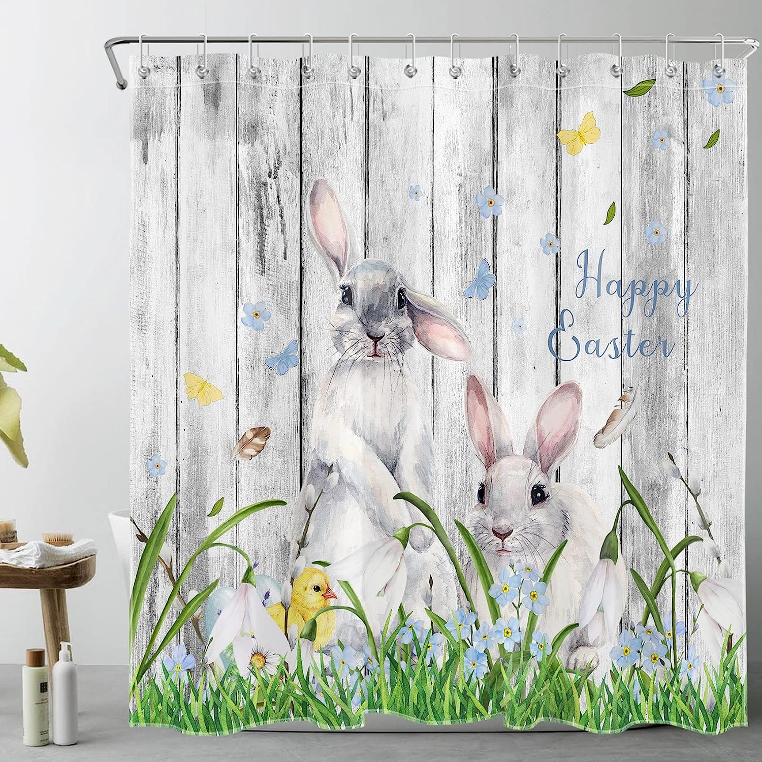Happy Easter Shower Curtain - Kawaii Farmhouse Rabbit & Eggs Design, Waterproof Polyester, 72x84 Inch - View #10