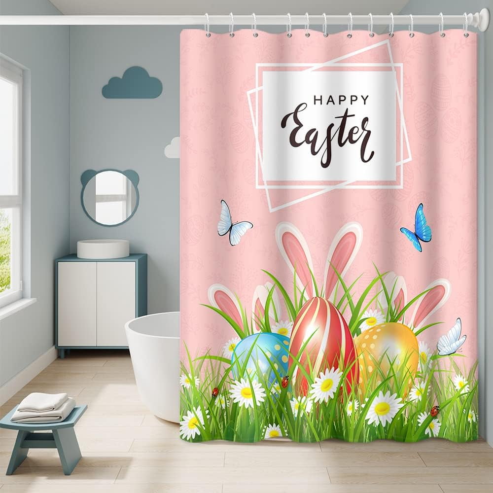 SPXUBZ Happy Easter Shower Curtains for Bathroom Spring Garden Pink