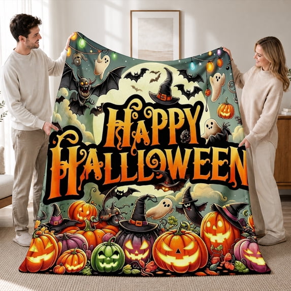 SPXUBZ Happy Halloween Flannel Throw Blanket, Spooky Pumpkin Black Cat Bat and Ghost Pattern with Holiday Greeting, Festive Seasonal Design, Soft Cozy Blanket