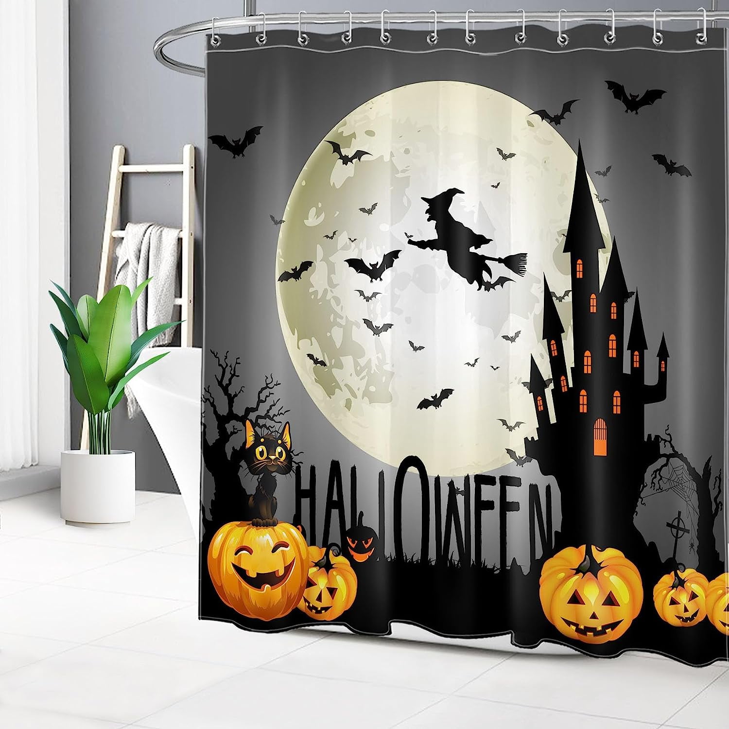 SPXUBZ Happy Halloween Shower Curtain Spooky Pumpkin and Black Cat Bat