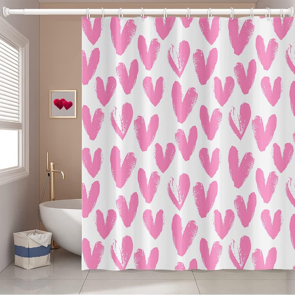 SPXUBZ Happy Valentine's Day Shower Curtain with Hooks Romantic Pink