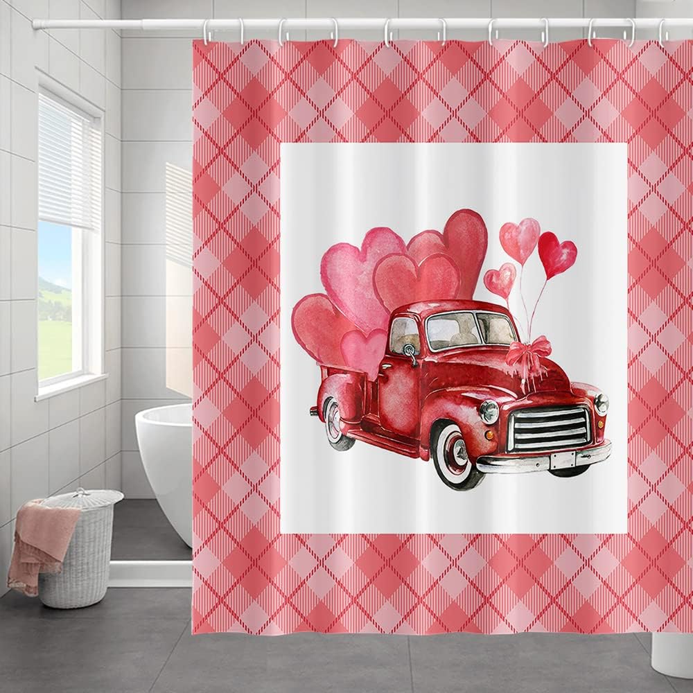 SPXUBZ Happy Valentine's Day Shower Curtain Pink Plaid Watercolor Truck