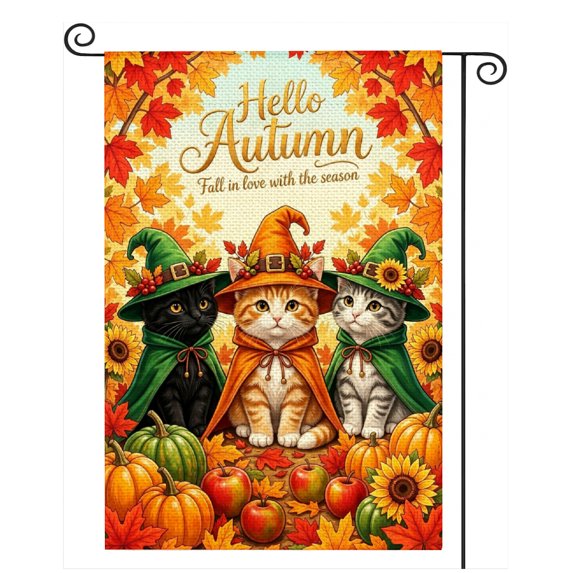 SPXUBZ Hello Autumn Garden Flag 12x18 Inch, Cute Cat Pumpkin Linen Yard Flag, Outdoor Decorative Flag for Garden Lawn Porch Fall Seasonal Decoration