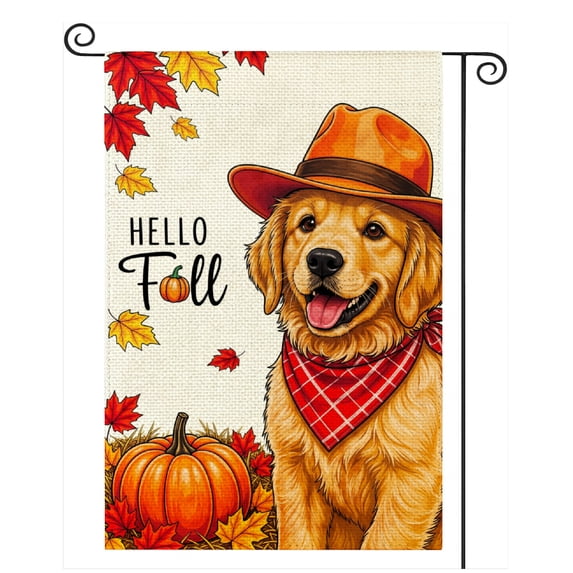 SPXUBZ Hello Fall Dog Garden Flag 12 x 18 Inch Linen Outdoor Autumn Yard Flag Golden Puppy Pumpkin Leaves Front Porch Farmhouse Seasonal Lawn Patio Decoration