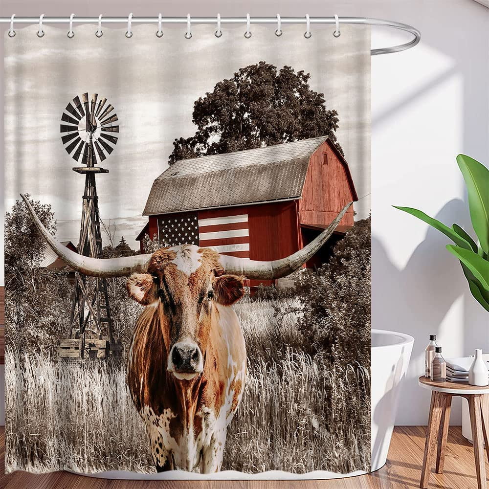 Highland Cow Shower Curtain - 70x70 Inch Farmhouse Rustic Bathroom Decor With Hooks, Water Repellent Polyester