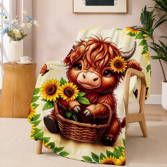 SPXUBZ Highland Cow Sunflower Basket Floral Art Flannel Throw Blanket Soft Warm Fleece Blanket for Farmhouse Couch Sofa Decor