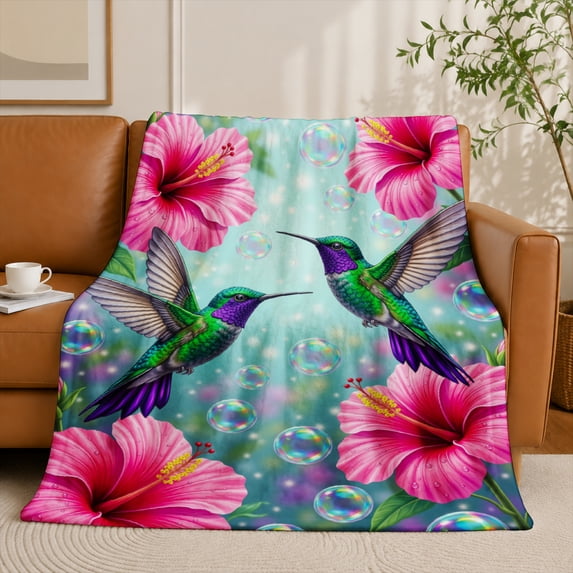SPXUBZ Hummingbird Floral Flannel Fleece Blanket, Tropical Flower Throw Blanket, Soft Cozy Warm Blanket for Bedroom Sofa Home Decor 50"x40"