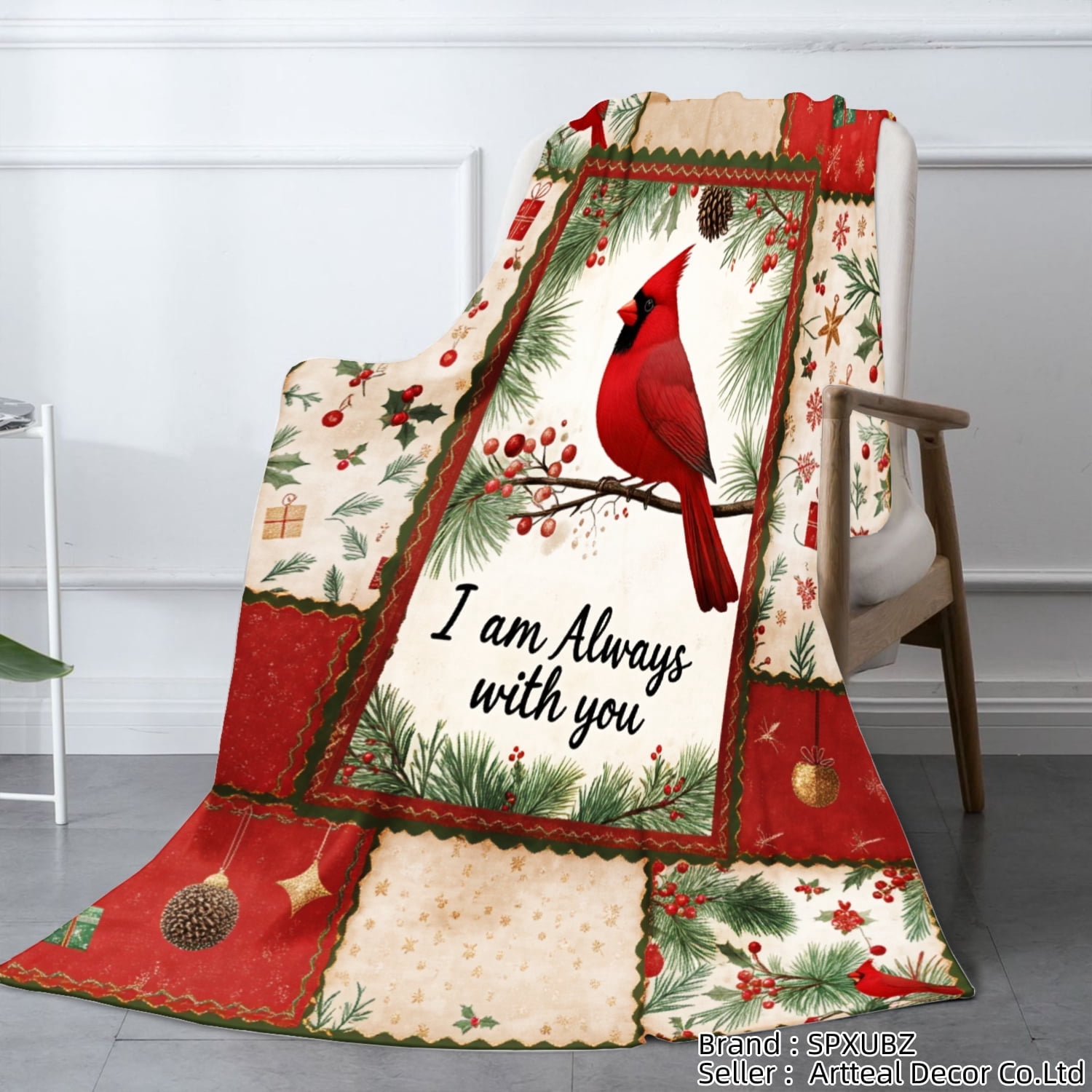 SPXUBZ I am Always with you Cardinal Christmas Theme Throw Blanket for Winter Christmas Gift Home Sofa Bed Decoration 60x50 inch