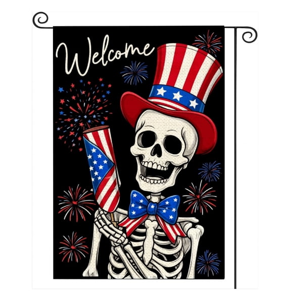 SPXUBZ Independence Day Gothic Skull Patriotic Small Yard Flag, 12x18 Inch American Flag Fireworks Black Lawn Outdoor Decor, American Style Double-Sided Flag
