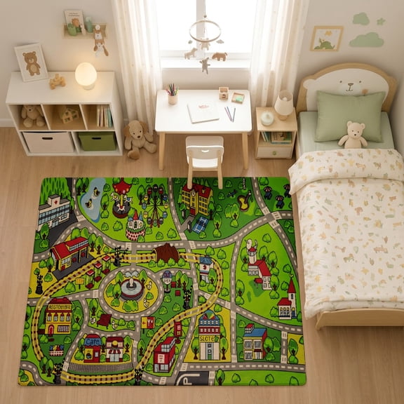 SPXUBZ Isometric Village Country Road Map for son and daughter Play Rug, Soft Velvet City Road Map Area Rug for Playroom Bedroom, Educational Toy Car Track Floor Mat