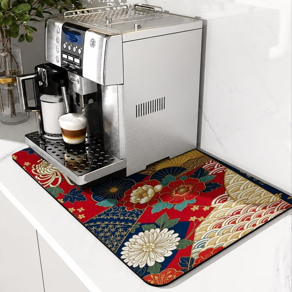 SPXUBZ Japanese Floral Coffee Mat, Super Absorbent Coffee Machine Mat, Kitchen Counter Drying Pad, Non Slip Coffee Bar Mat, Quick Dry Dish Drying Mat for Countertop