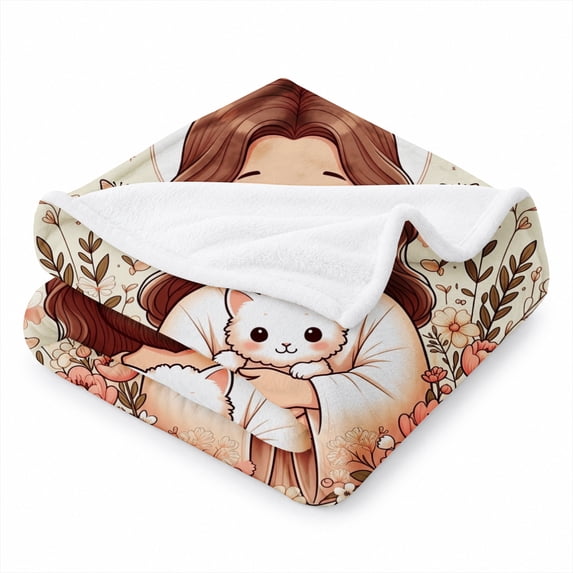 SPXUBZ Jesus Holding Cute Kitten Floral Wreath Flannel Throw Blanket Soft Warm Cozy Fleece Blanket Christian Gift Bed Couch Decor