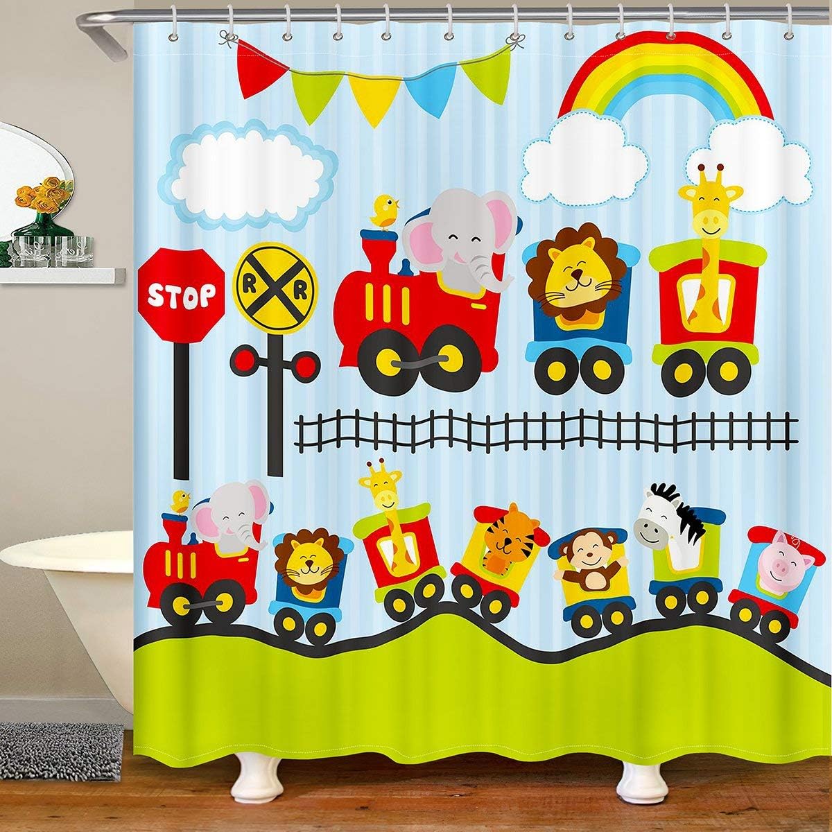 SPXUBZ Kids Bathroom Curtain Cute Elephant Lion Giraffe Shower Curtain