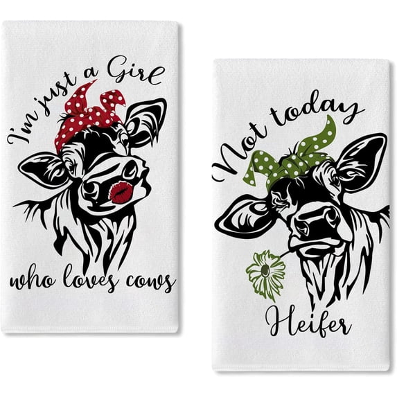 SPXUBZ Kitchen Towels, Country Farmhouse Cow Red Lips Green Flowers for Home Kitchen Decor Housewarming Gift Towel Set of 2