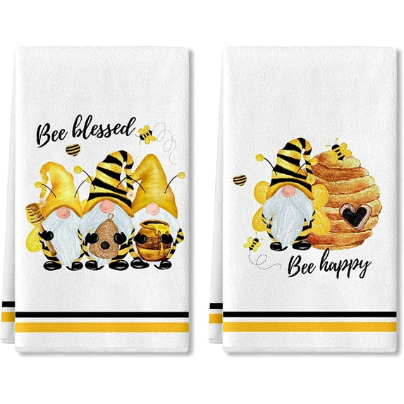 SPXUBZ Kitchen Towels, Yellow Gnome Honeycomb Bee Happy For Home Kitchen Decor Housewarming Gift Towels Set of 2