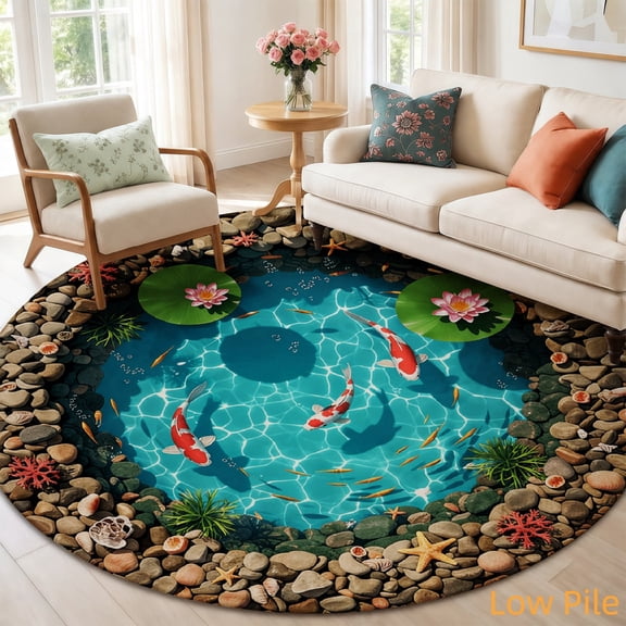 SPXUBZ Koi Fish Pond Water Garden Lotus Leaf Nature Theme Round Area Rug, Soft Velvet Circle Carpet Non-Slip Floor Mat for Living Room Bedroom Home Decor