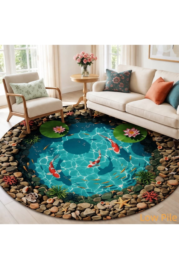 Koi Fish Pond Water Garden Lotus Leaf Nature Theme Round Area Rug, Soft Velvet Circle Carpet Non-Slip Floor Mat for Living Room Bedroom Home Decor
