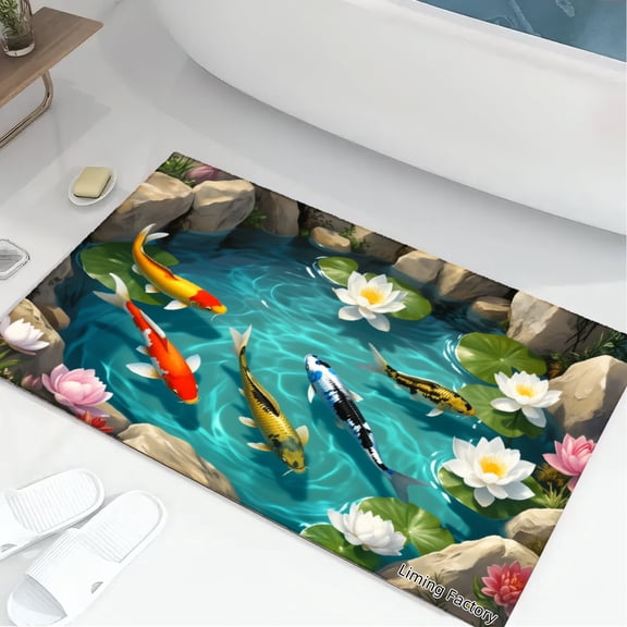 SPXUBZ Koi Fish Pond Water Lilies Rocks Non Slip Kitchen Mats Bathroom Rugs Floor Mats for Floor 28.4W x 20.5H inch