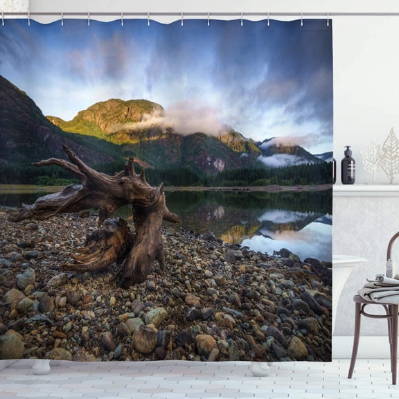 SPXUBZ Landscape of a Mountain Lake and Cloudy Sky Driftwood on Rocky Shoreline, Cloth Fabric Bathroom Decor Set with Hooks, 72x72inch, Blue and Brown