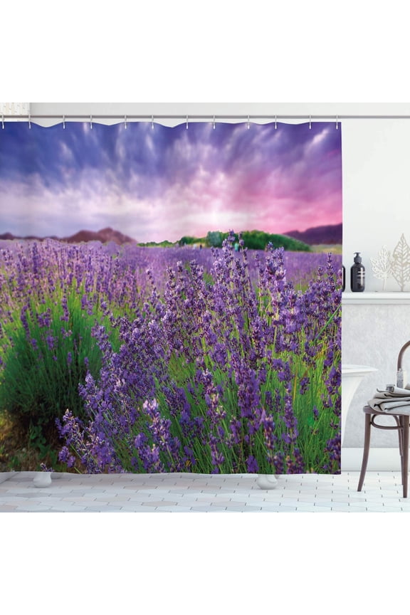 Lavender Shower Curtain, Serene Field View in Tihany Hungary Dramatic Dreamy Sunset Sky Nature, Cloth Fabric Bathroom Decor Set with Hooks, 72" W x 72" L inch, Violet Green Pale Pink