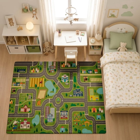 SPXUBZ Light Green Minimalist City View for son and daughter Play Rug, Soft Velvet City Road Map Area Rug for Playroom Bedroom, Educational Toy Car Track Floor Mat