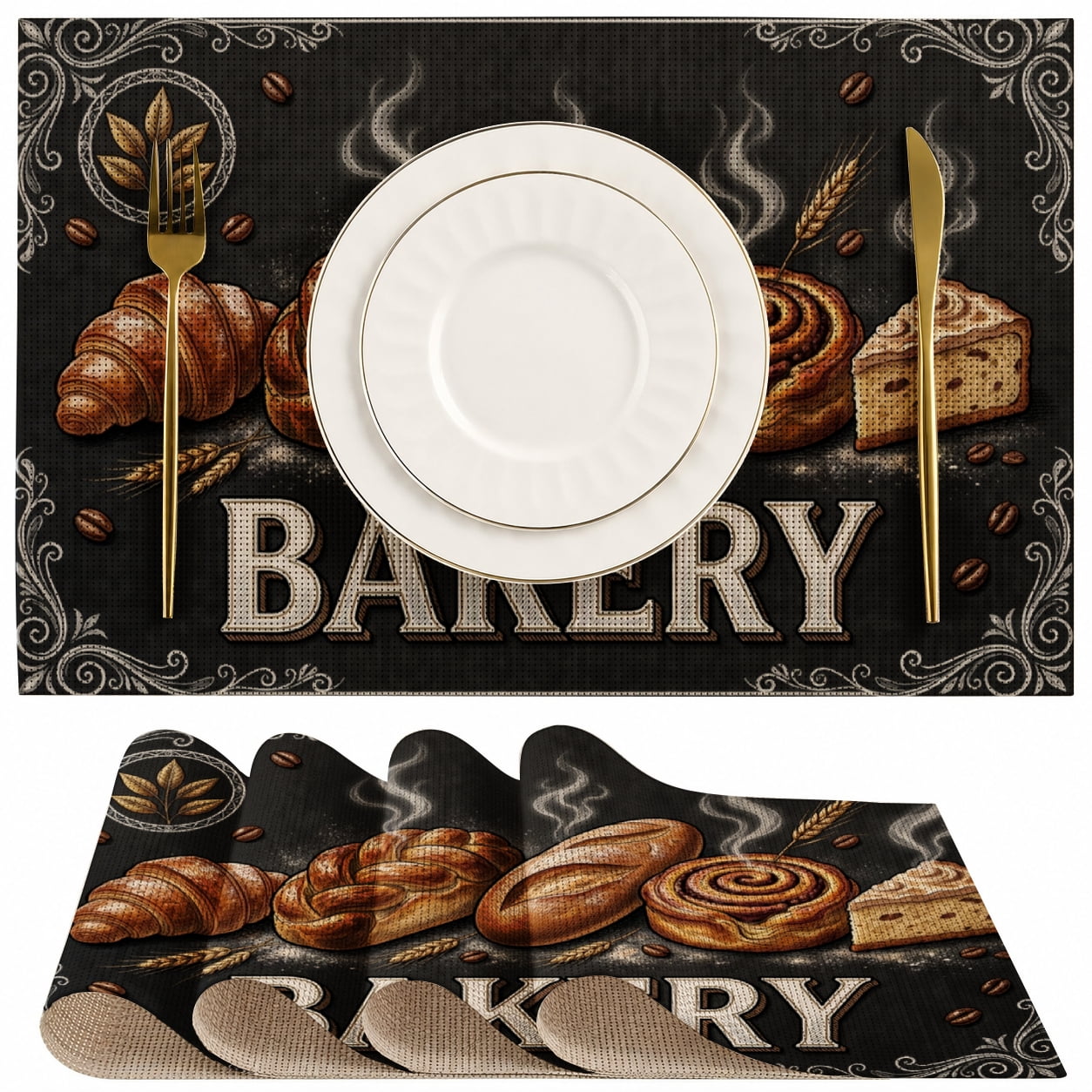 SPXUBZ Linen Placemats Bakery Fresh Bread Pastry Vintage Art Table Mats ...